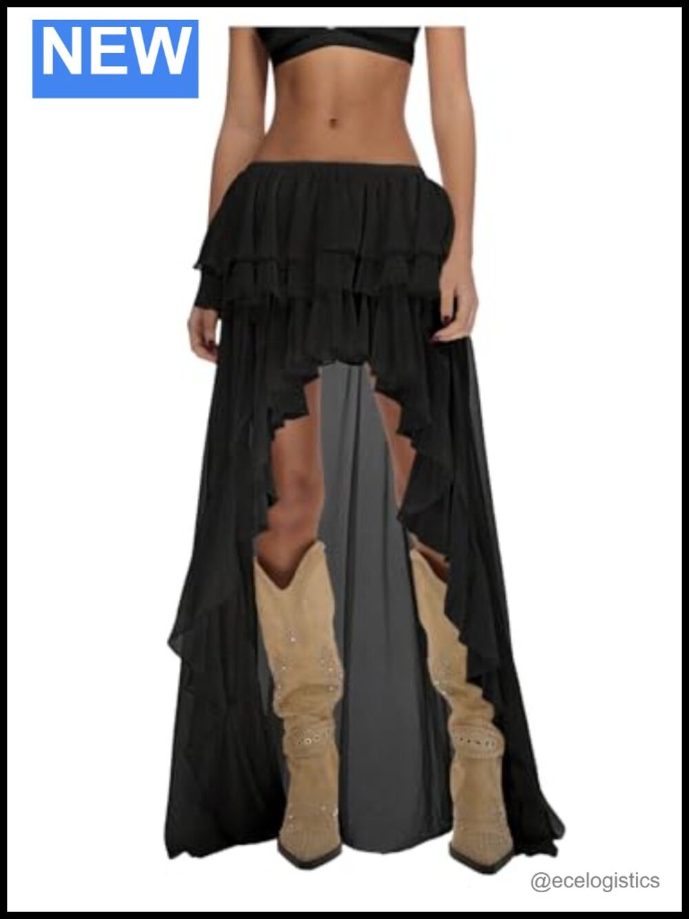 Oyoangle Womens Boho Ruffled Chiffon Long Maxi Skirt Asymmetrical Y2K Cowgirl